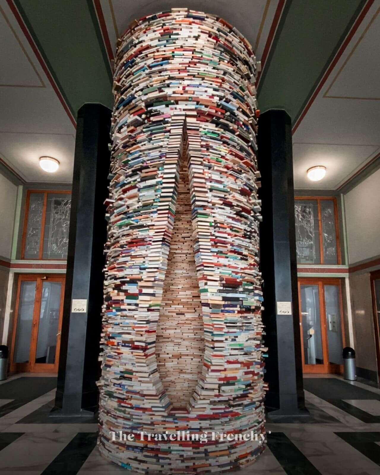 Tower of books at the Municipal Library, Prague