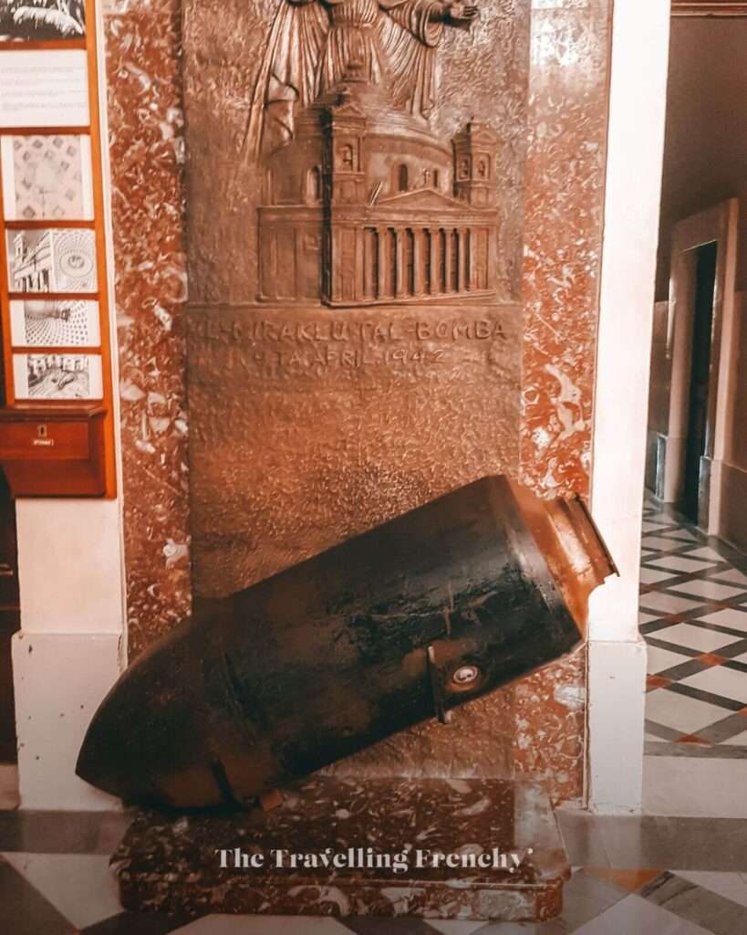 Rotunda of Mosta and the bomb replica inside the church Malta
