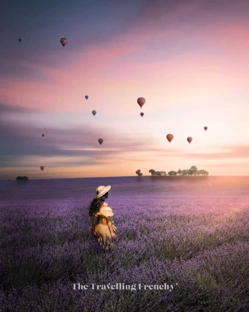 Sunset and hot air balloons in lavender field in Valensole, South of France